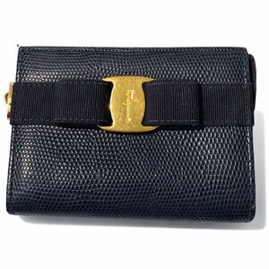 Salvatore Ferragamo Vara Bow Wallet Black Lizard Embossed Leather with COA
